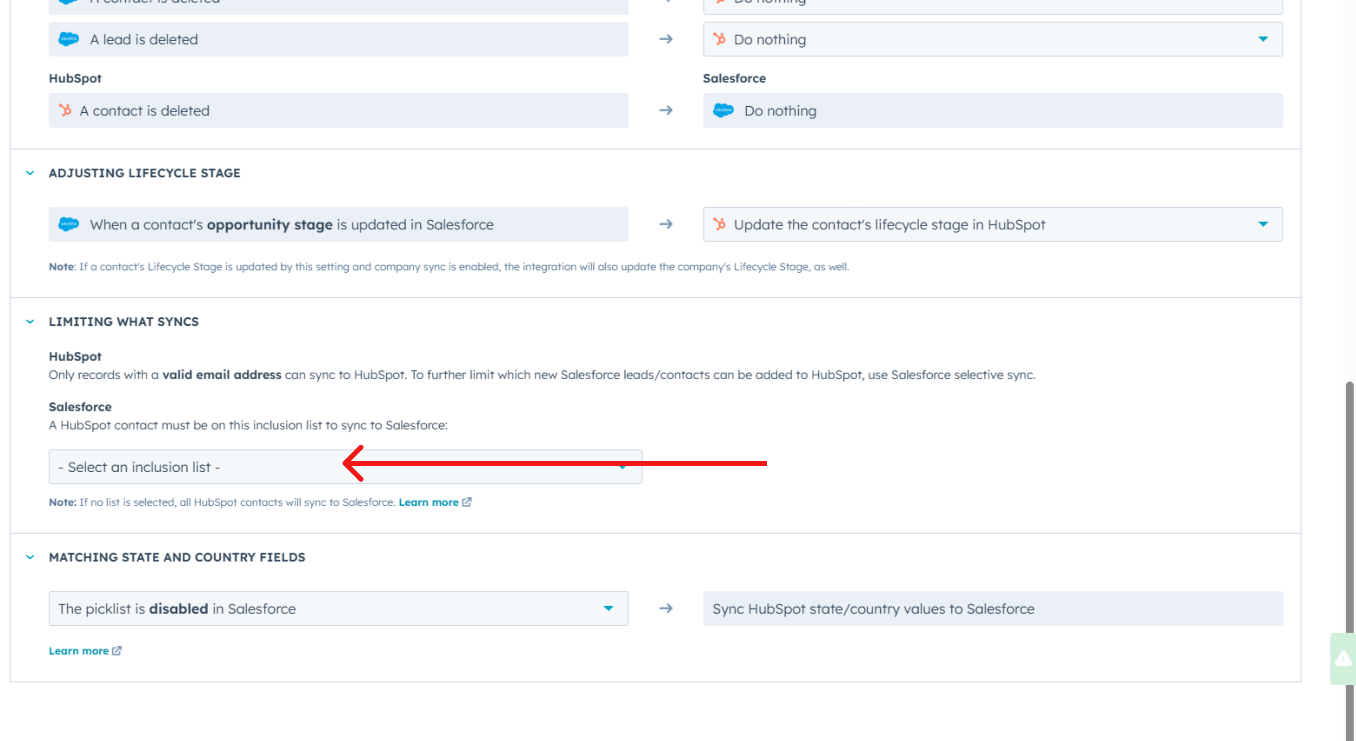 Inclusion list filter for Salesforce HubSpot Integration