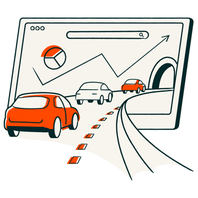 Illustration of cars on a digital highway representing website traffic growth with HubSpot CRM.
