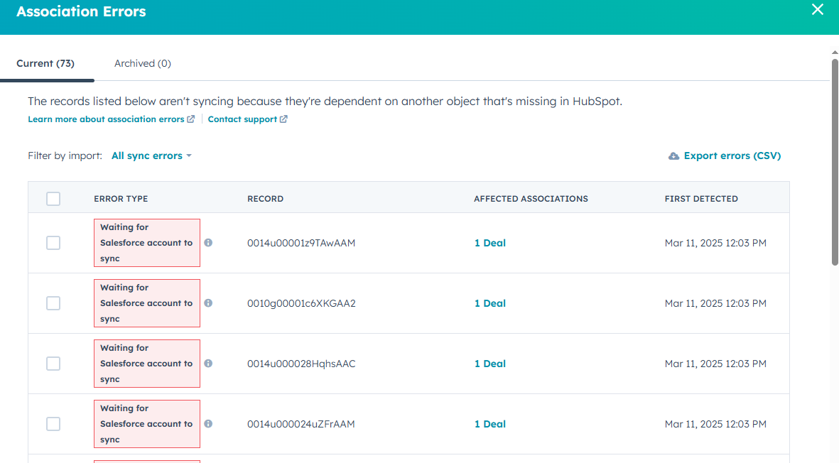Association Error Types in Salesforce HubSpot Integration