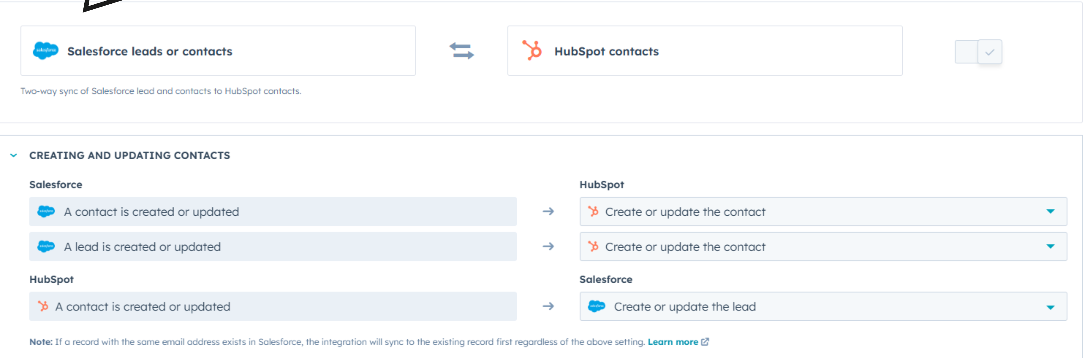 Bi-directional sync rules between Salesforce and HubSpot