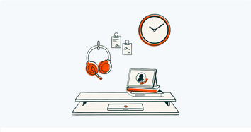 Illustration of a workspace with clock and headset symbolizing automation and time-saving RevOps workflows.
